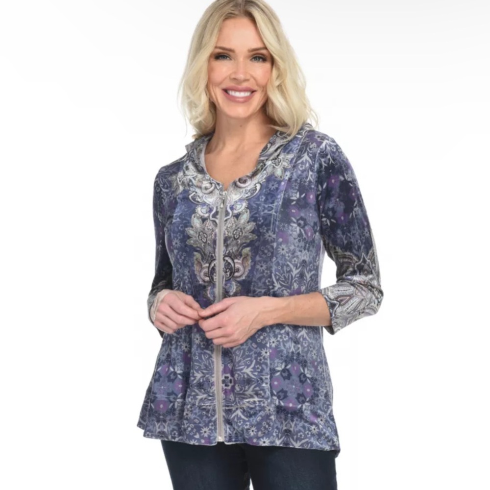 Women’s One World Blue Printed Knit & Velvet‎ 3/4 Sleeve Zip Front Hoodie